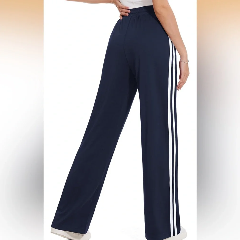 NAVY BLUE Wide-Leg Track Pants with White Side Stripes - Picture 3 of 5
